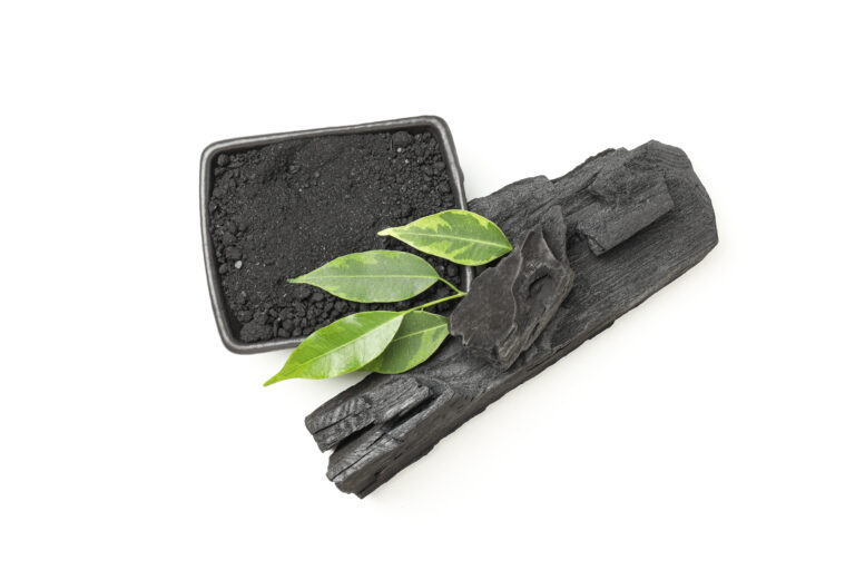 charcoal powdered charcoal leaves isolated white background